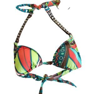 DESPI Swimwear stitched leather triangle halter bikini swim top Congo Size S NEW